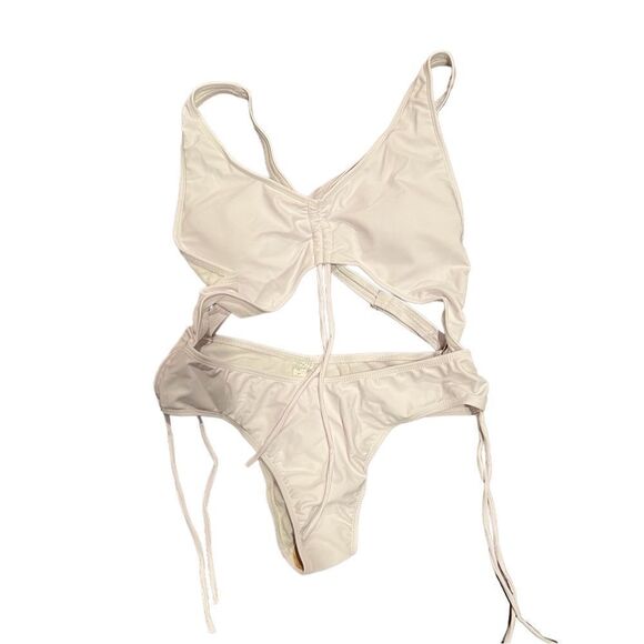 Women 1 Piece Summer Hollow Sexy Bikini with Long Tassel Drawstring Color White - Picture 6 of 16